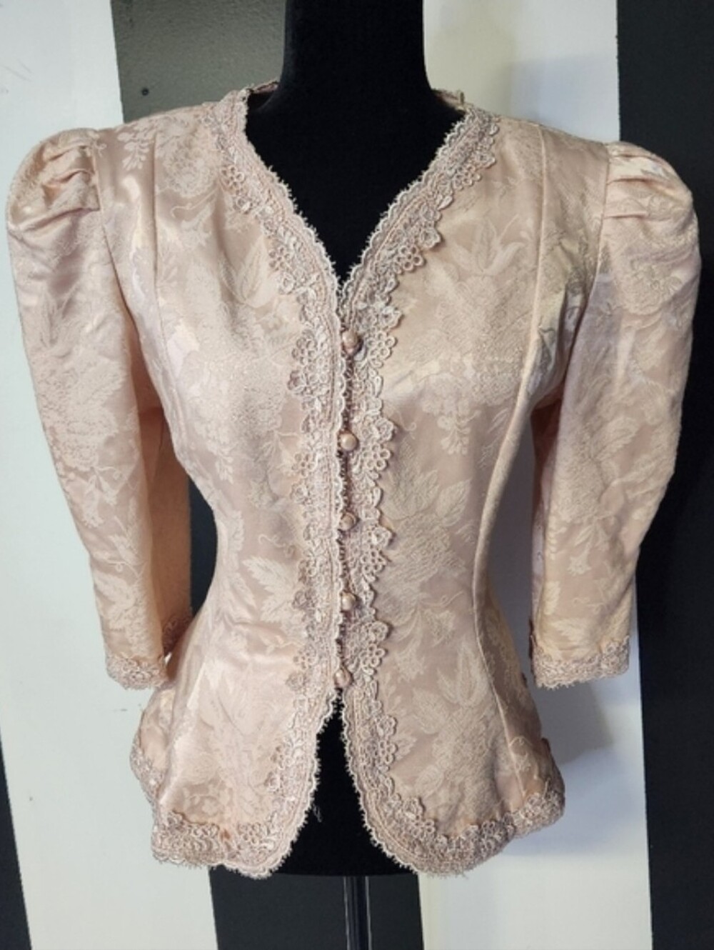 Vintage 80s/90s Cachet by Bari Protas Pink Satin Lace Puff Sleeve Blouse 13/14